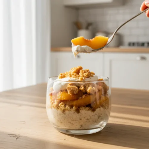 Beautiful plated Peach Cobbler Overnight Oats
