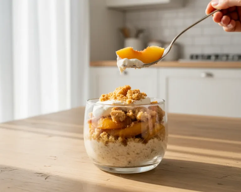 Beautiful plated Peach Cobbler Overnight Oats
