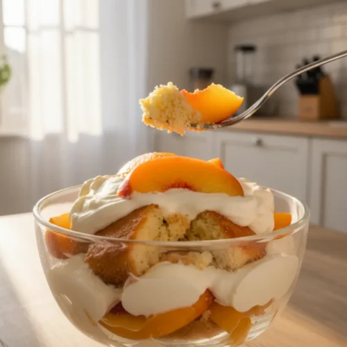Beautiful plated Peach Shortcake Trifles