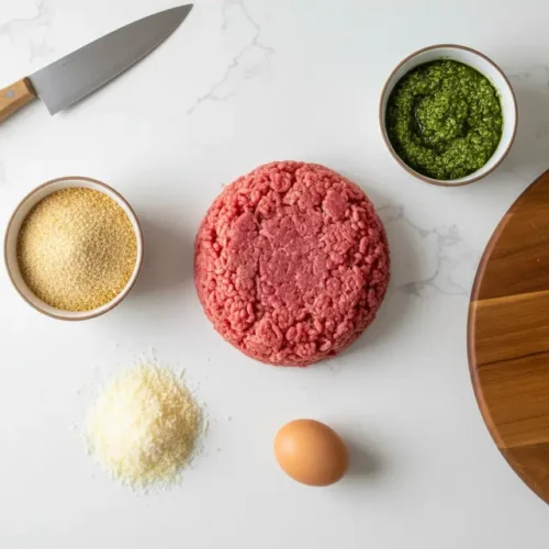 Fresh raw ingredients for Pesto Turkey Meatballs