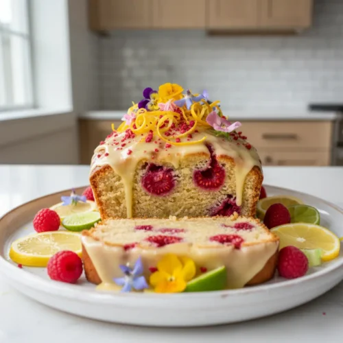 Beautiful plated Raspberry Lemon Loaf Cake