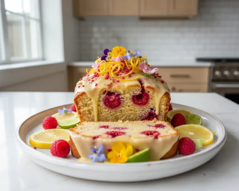 Beautiful plated Raspberry Lemon Loaf Cake