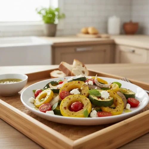 Beautiful plated Roasted Zucchini and Squash