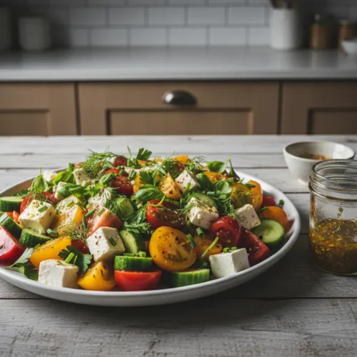 Beautiful plated Tomato Cucumber Feta Salad