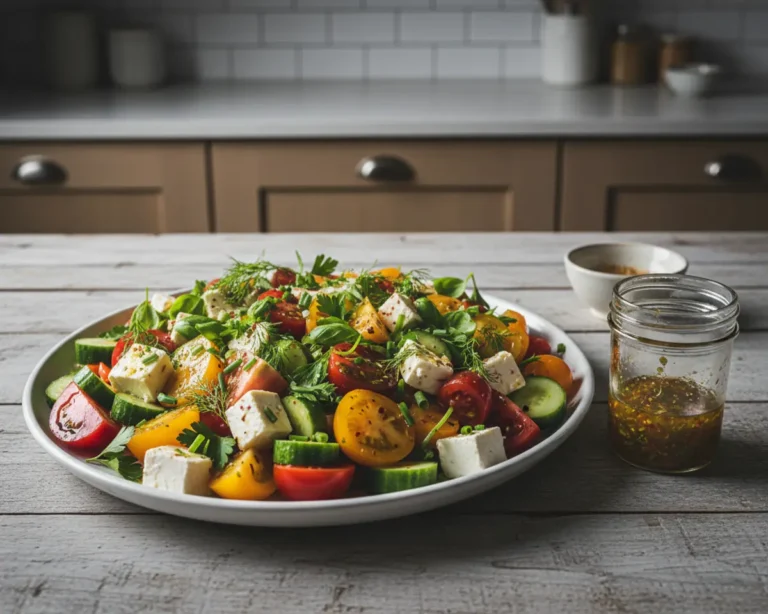 Beautiful plated Tomato Cucumber Feta Salad