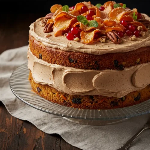 Beautiful plated brown butter cream cheese frosting carrot cake