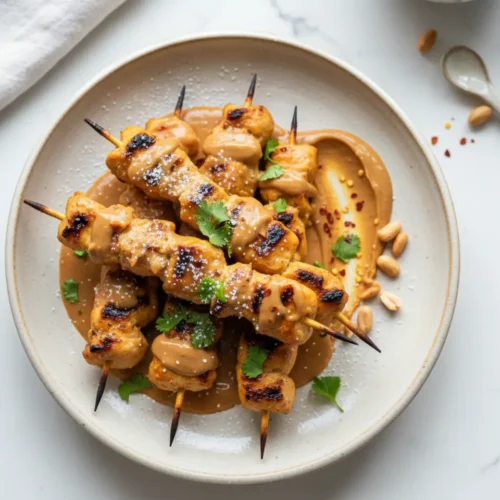 Beautiful plated Chicken Satay with Peanut Sauce