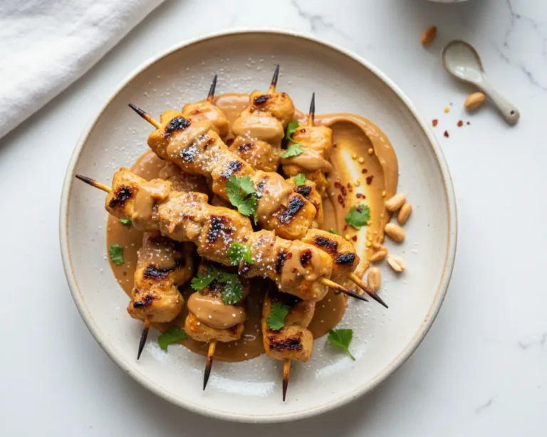 Beautiful plated Chicken Satay with Peanut Sauce