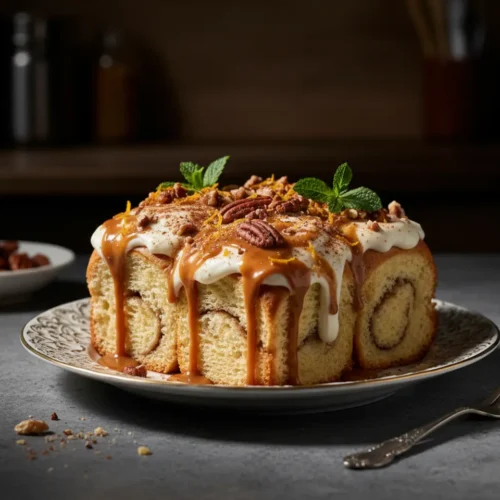 Beautiful plated cinnamon roll poke cake recipe