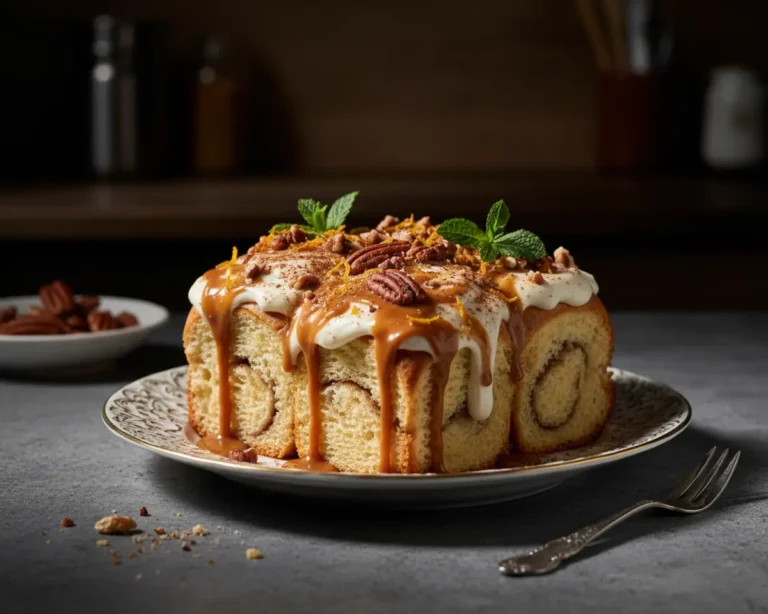 Beautiful plated cinnamon roll poke cake recipe