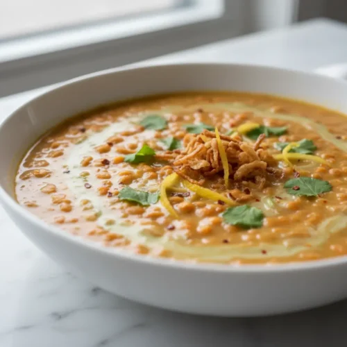 Beautiful plated Coconut Lemon Red Lentil Soup
