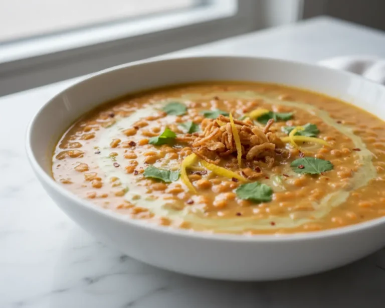Beautiful plated Coconut Lemon Red Lentil Soup