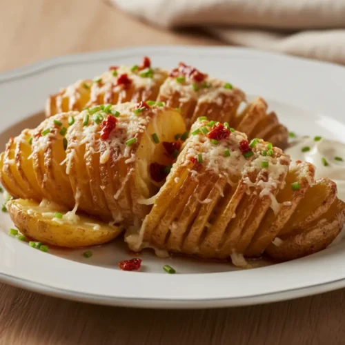 Beautiful plated Crispy Parmesan Accordion Potatoes