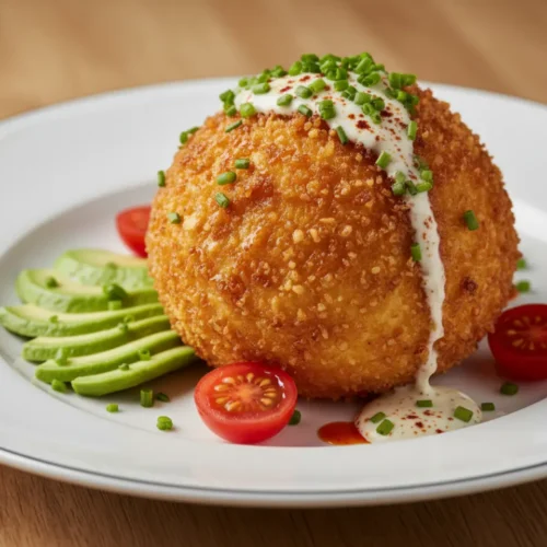 Beautiful plated fried panko crust on egg ball bake