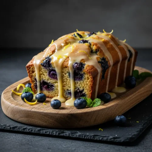 Beautiful plated Greek Yogurt Lemon Blueberry Loaf