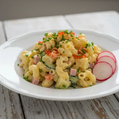 Beautiful plated Japanese Potato Macaroni Salad
