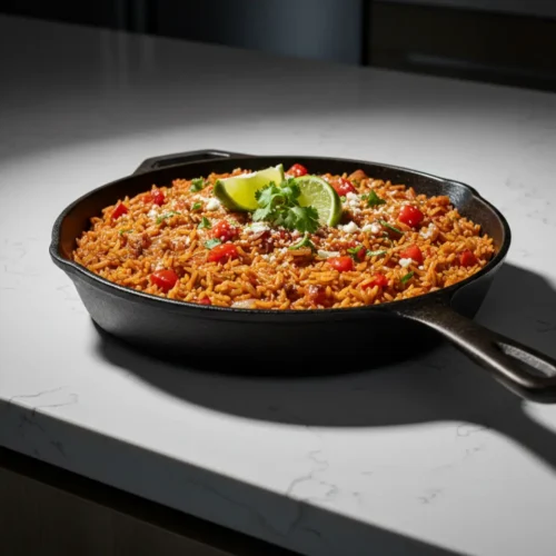 Beautiful plated mexican red rice arroz rojo recipe