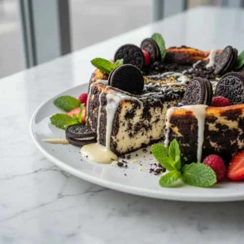 Beautiful plated Oreo Basque Cheesecake