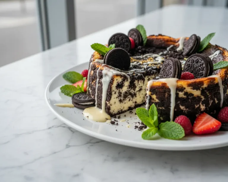 Beautiful plated Oreo Basque Cheesecake