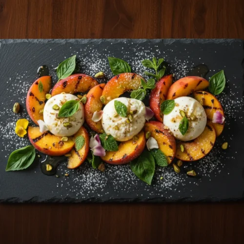 Beautiful plated peach burrata salad