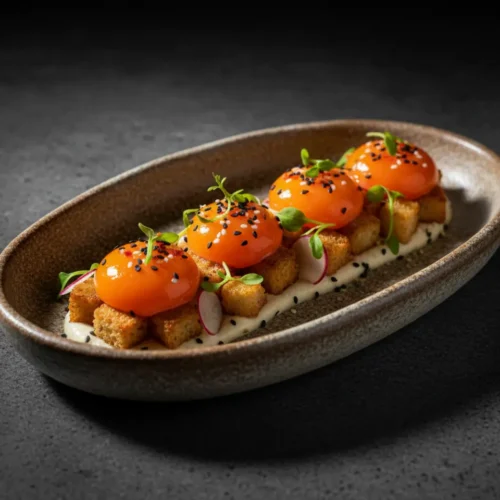 Beautiful plated soy cured egg yolk recipe