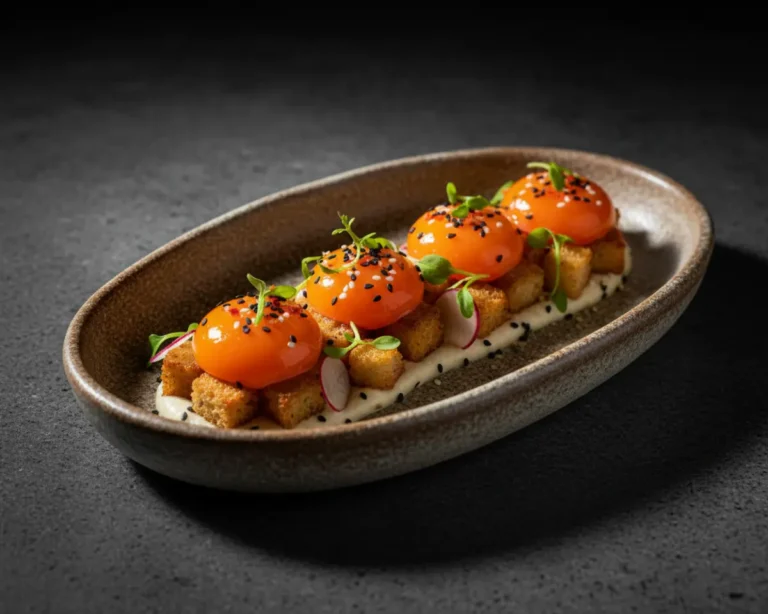 Beautiful plated soy cured egg yolk recipe