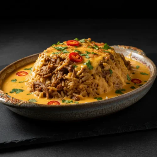 Beautiful plated TikTok Viral Queso Swim Beef and Rice