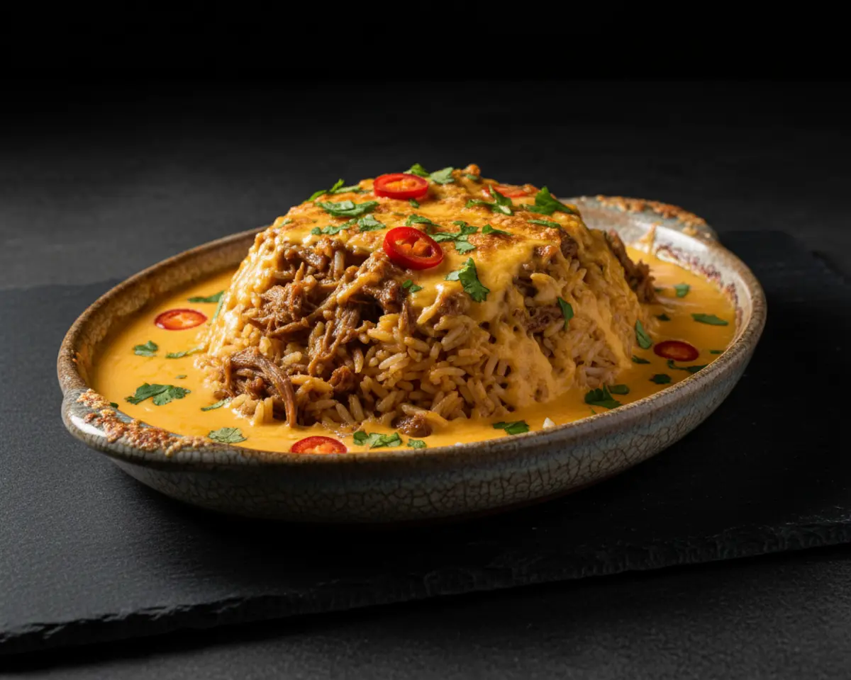 Beautiful plated TikTok Viral Queso Swim Beef and Rice