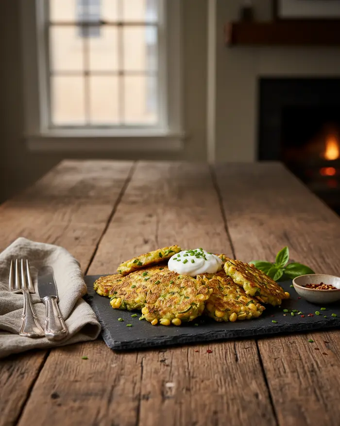 Zucchini Corn Fritters 4 final plated dish