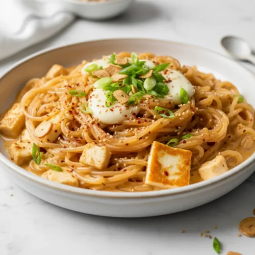 Beautiful plated buldak carbonara glass noodles