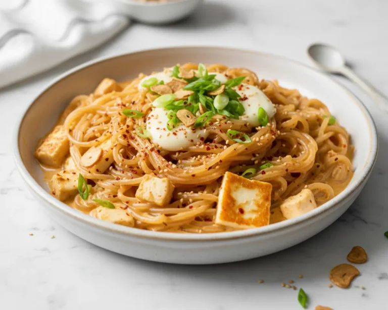 Beautiful plated buldak carbonara glass noodles