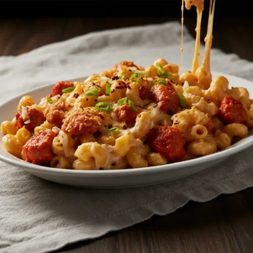 Beautiful plated buldak carbonara mac and cheese