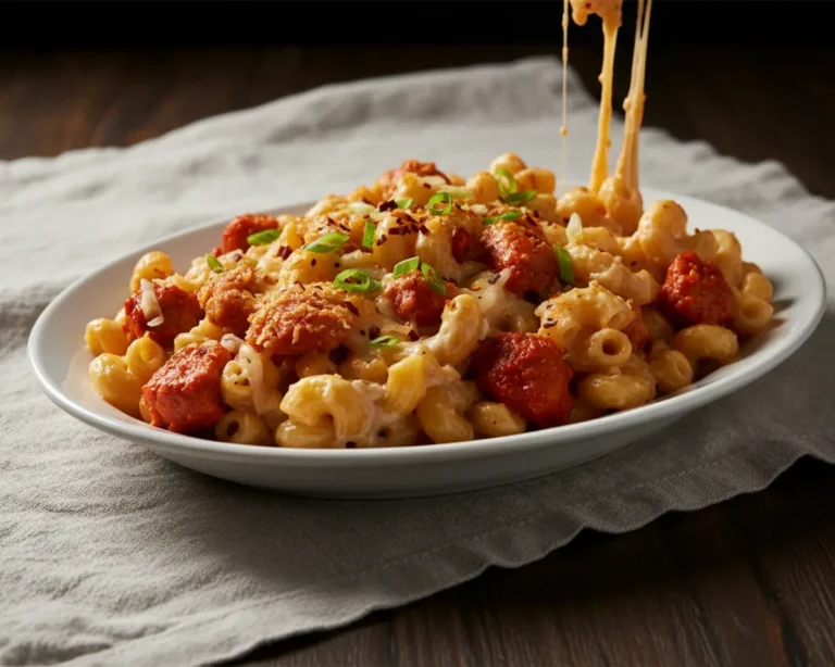 Beautiful plated buldak carbonara mac and cheese