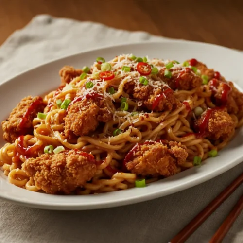 Beautiful plated buldak carbonara spicy chicken ramen