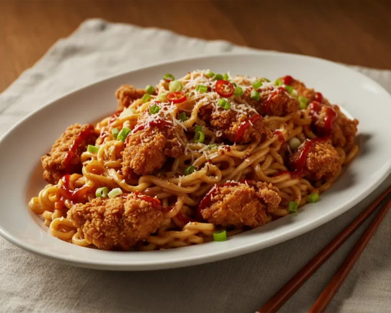 Beautiful plated buldak carbonara spicy chicken ramen