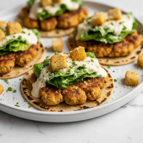 Beautiful plated Caesar Chicken Smash Tacos