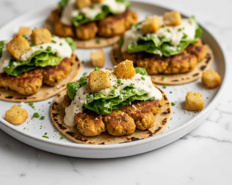 Beautiful plated Caesar Chicken Smash Tacos