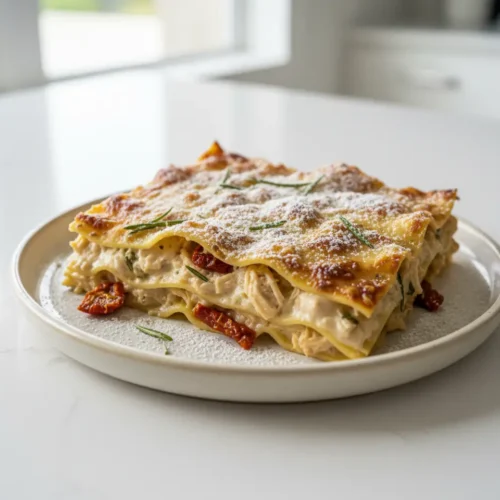 Beautiful plated chicken rosemary lasagna