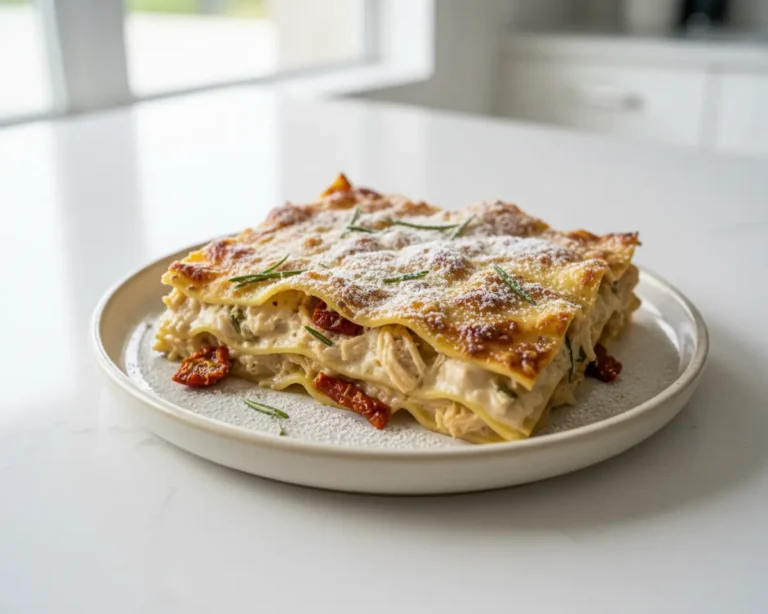 Beautiful plated chicken rosemary lasagna