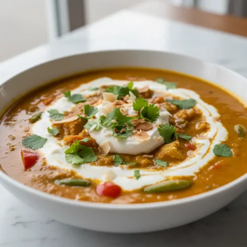 Beautiful plated coconut curry soup cilantro recipe