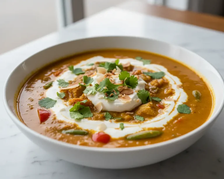 Beautiful plated coconut curry soup cilantro recipe