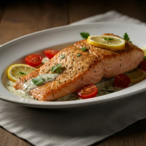 Beautiful plated easy lemon herb salmon recipe