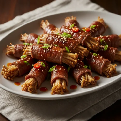 Beautiful plated enoki beef rolls recipe