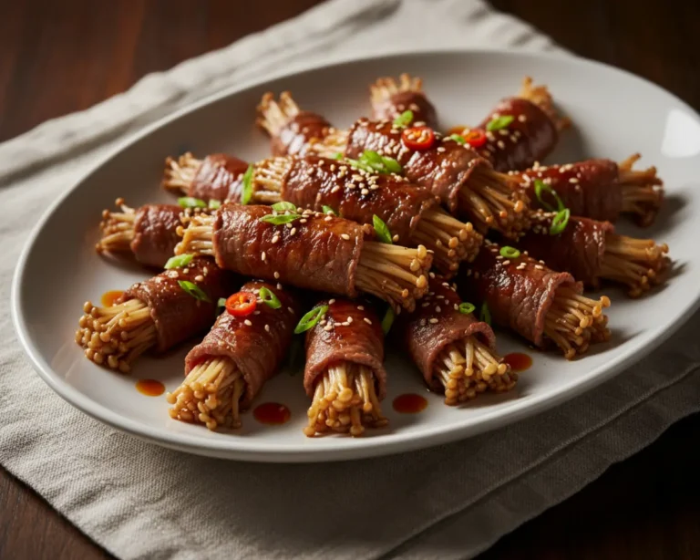 Beautiful plated enoki beef rolls recipe