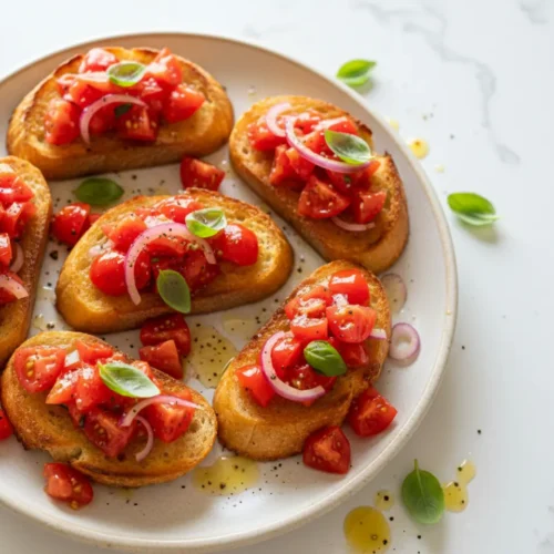 Beautiful plated Ina Garten tomato crostini recipe
