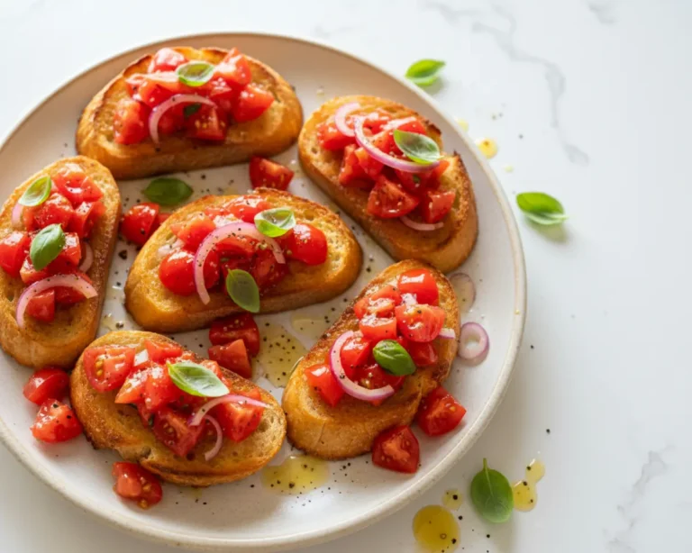 Beautiful plated Ina Garten tomato crostini recipe