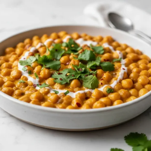 Beautiful plated Marry Me Chickpeas with Coconut Milk