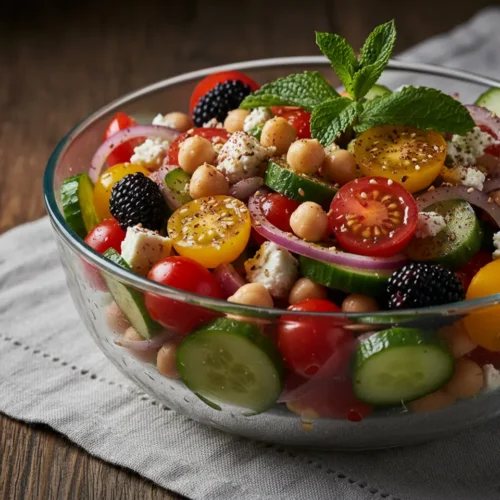 Beautiful plated mediterranean salad with chickpeas