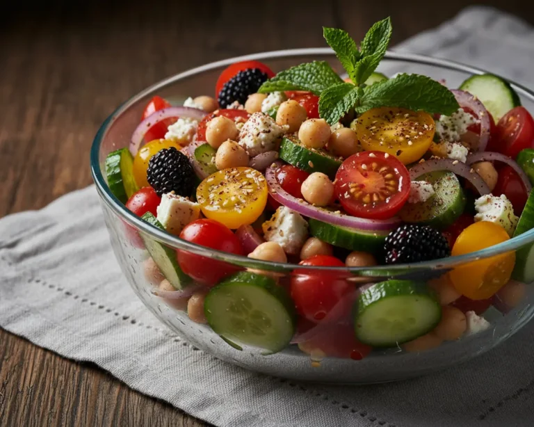 Beautiful plated mediterranean salad with chickpeas