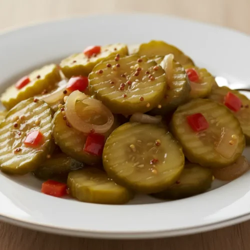 Beautiful plated Mount Olive Bread and Butter Pickles